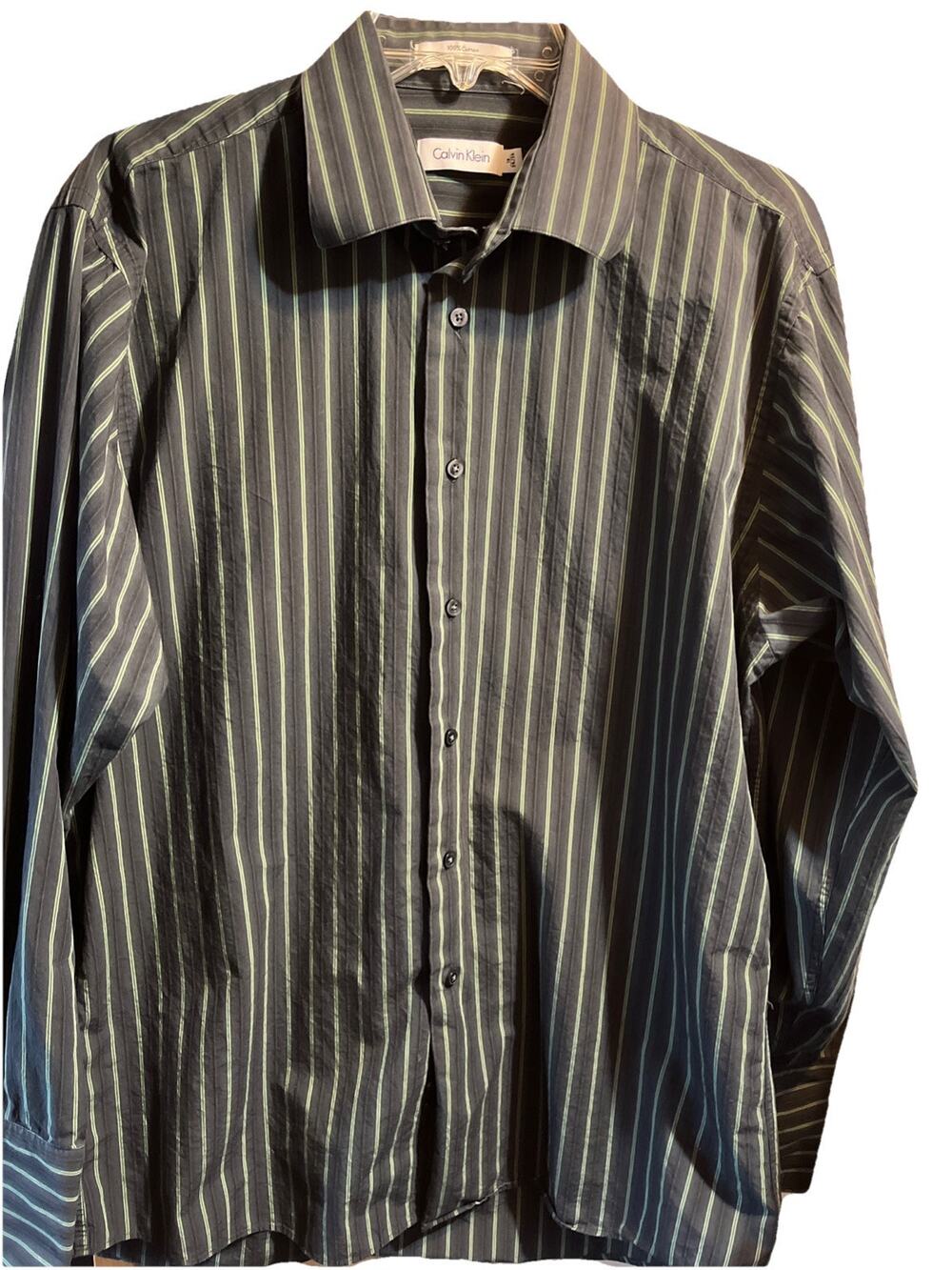 Calvin Klein Mens 16 34/35 Black Green Stripe Long Sleeve Button Up Cotton Shirt